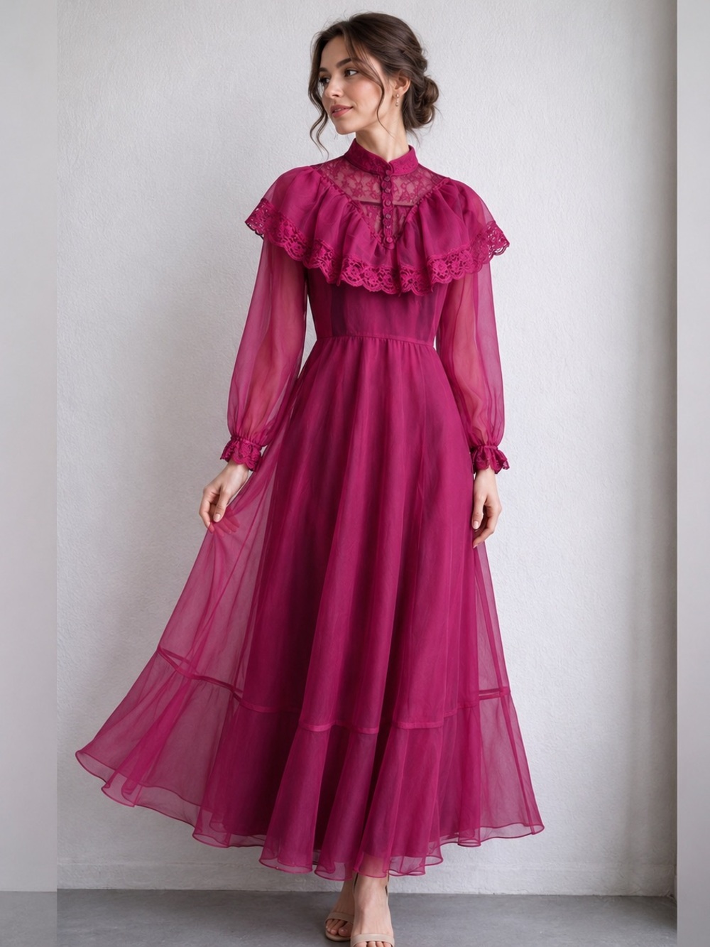 Vintage 1970s Magenta Chiffon Long Sleeve Victorian Maxi Dress XS Prairie